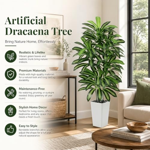 FSOHOI Artificial Dracaena Tree 6FT Artificial Plants Indoor Tall Fake Plants Faux Tree with White Tall Planter Fake Tropical Yucca Floor Plant for Home Office Living Room Decor Outdoor