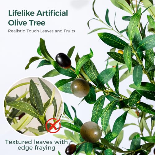 Olive Tree, 6FT Tall Faux Olive Tree with Moss and Planter, Olive Trees Artificial Indoor with Realistic Wood Trunk and Lifelike Fruits, Olive Fake Tree for Home Office Living Room Decor