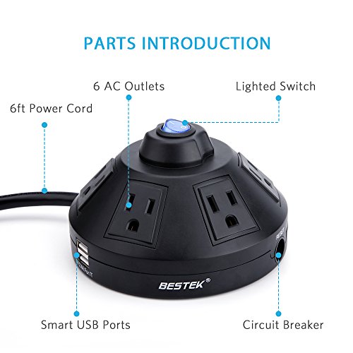 image for BESTEK 6-Outlet Power Strip Surge Protector with 6-Foot Power Cord and