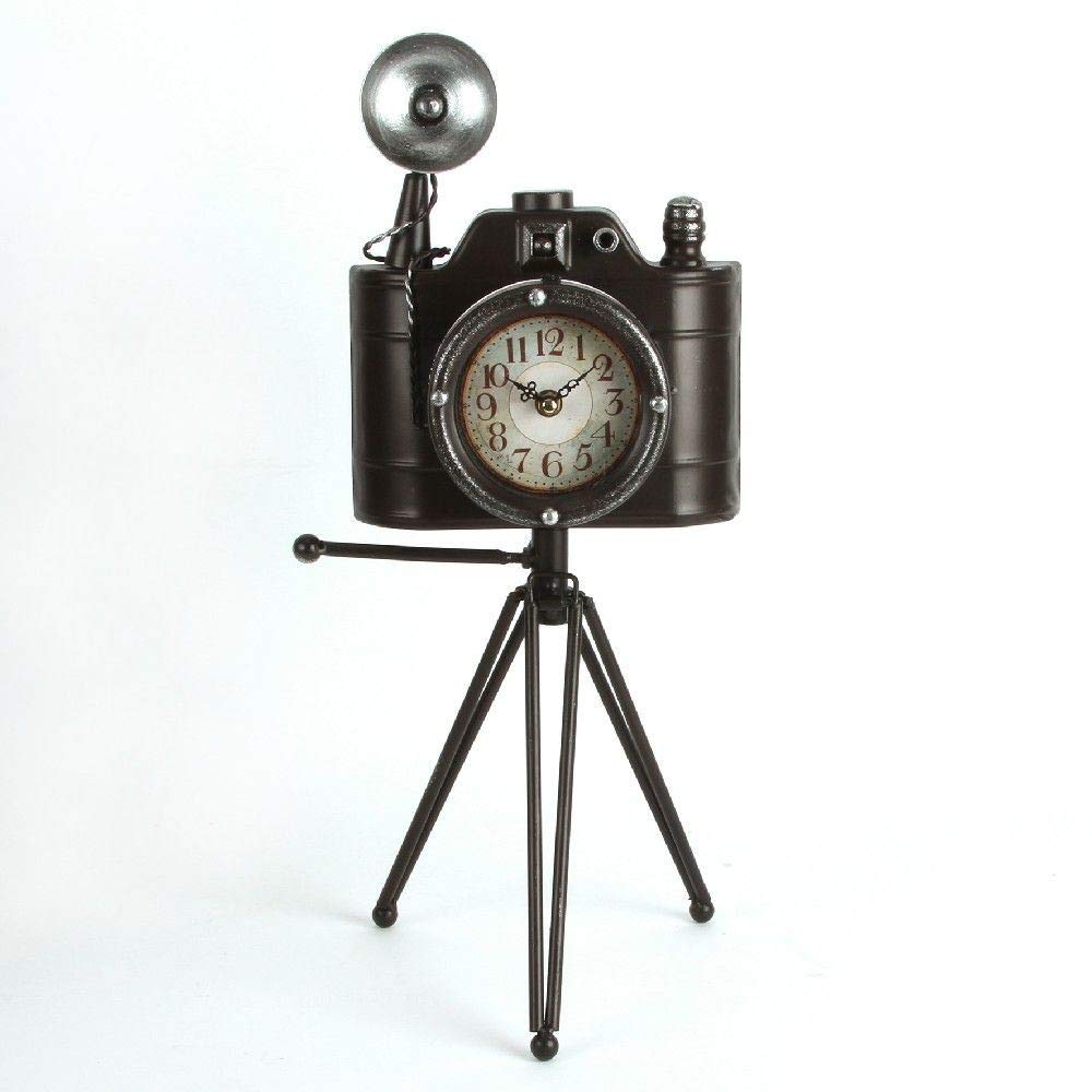 Large Metal Vintage Camera and Tripod Quartz Mantel Clock