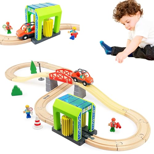Wooden Train Set for Toddlers, Car Washer Station with Wooden Tracks, Expandable Changeable Train Toys Fits Thomas, Brio, Chuggington, Melissa and Doug for 3 4 5 6 7 Years Old Boys & Girls
