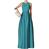 Caodip Satin Lace Evening Dresses for Women Crew Neck Elegant Long Prom Dress A Line Wedding Guest Dress with Pocket