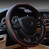 Rueesh Leather Car Steering Wheel Cover - Heavy Duty, Thick, Durable, Elegant, No Smell, Universal 15 Inch Steering Cover, Anti-slip Embossing Pattern A, Black with Red Line