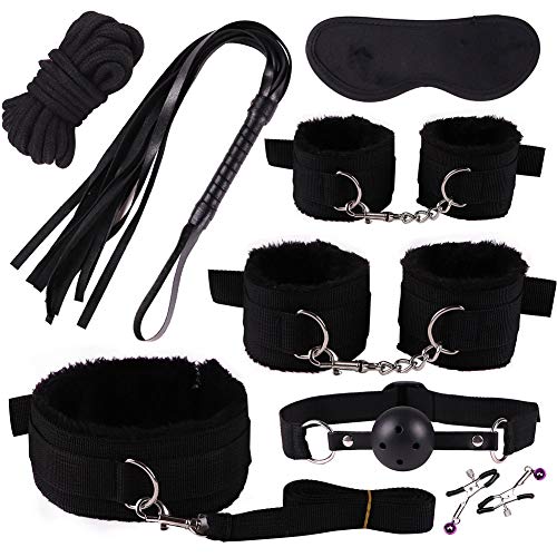 8 Piece Plush Bondage Restraints Set Kit for Bed and Under Bed Sex Play SM Bondage Toy Gear Wrist Cuffs Gags Collar Spanking Nipple Rope Strap On Harness for Women Couples Lesbian Female,A2
