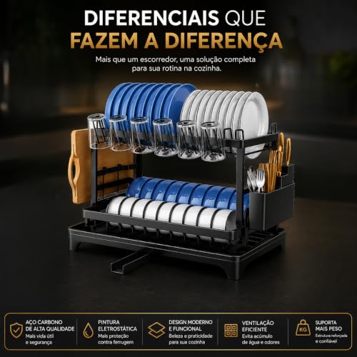 Escorredor de Louça Completo em Aço Carbono Organizador Escorredor de Pratos, Suporte para Talheres, Copos, Tábuas, Facas e Bandeja de Drenagem de Água Premium