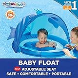 SwimSchool Blue Fun Fish Fabric Baby Pool Float, Splash & Play Activity Center with Retractable Canopy, Baby Boat with Safety Seat, Extra-Wide Inflatable Pool Float, Upf 50, 6 To 24 Months, Blue