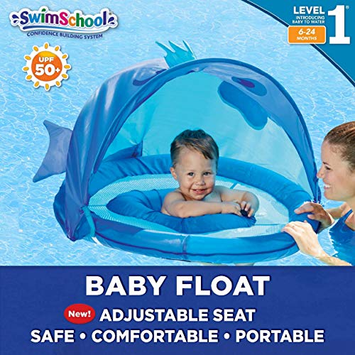 SwimSchool Blue Fun Fish Fabric Baby Pool Float, Splash & Play Activity Center with Retractable Canopy, Baby Boat with Safety Seat, Extra-Wide Inflatable Pool Float, Upf 50, 6 To 24 Months, Blue
