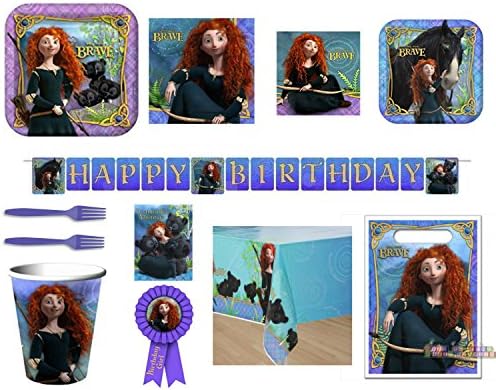 Disney Brave Merida Party Supply Bundle for 8 Guests - Plates, Napkins, Cups, Utensils, Tablecover, Birthday Banner, Treat Bags and Medal