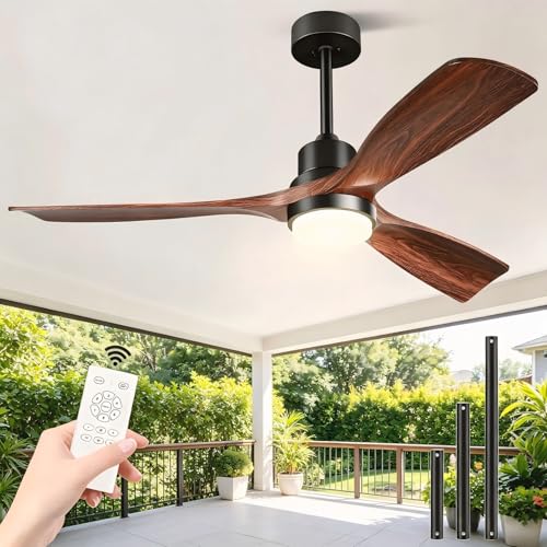 Forrovenco Ceiling Fan with Light 152 cm / 60 Inches, with Lighting & Remote Control, Outdoor Ceiling Fans for Patio, Quiet DC Motor, 3 Solid Wood Blades, Reversible, Indoor, Brown
