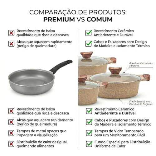 Jogo de Panelas 6 Peças Vanila Alumínio Revestimento Cerâmico Antiaderente Fogão Indução Eletrico Gás e Vitroceramico
