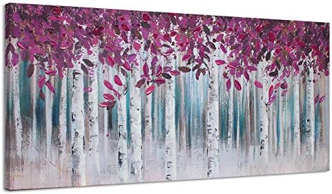 Canvas Wall Art Purple White Birch Forest Painting Decoration for Living Room Large Landscape Picture Modern Abstract Hand Painted Artwork Decor Hang in Bedroom Office Home