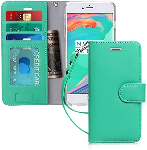 FYY Luxury Genuine Leather Wallet Case for iPhone 6 Plus/6s Plus, [Kickstand Feature] Flip Phone Case Protective Cover with [Card Holder] [Wrist Strap] for Apple iPhone 6 Plus/6s Plus 5.5" Mint Green