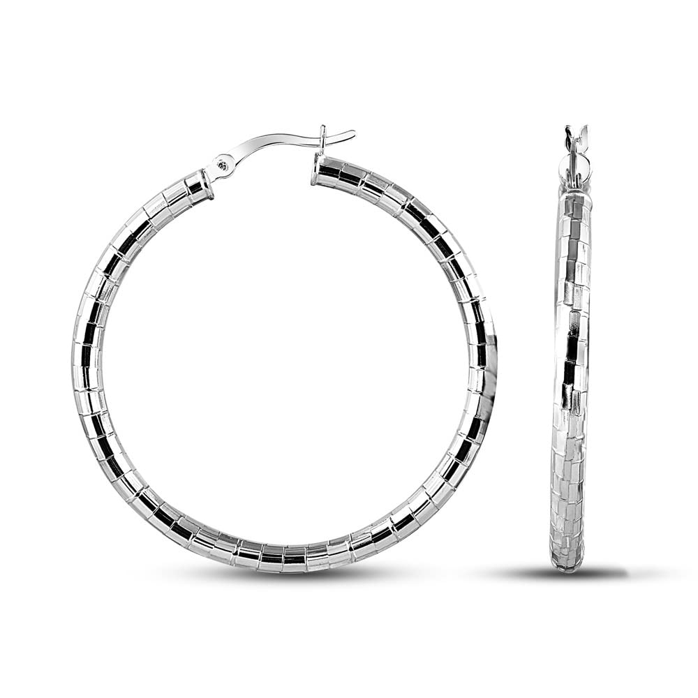 Charmsy 925 Sterling Silver Elegant 925 Sterling Silver Jewellery Disco Diamond-cut Textured Pattern Click-Top Hoop Earrings for Women 20 MM | Lightweight Silver Earrings Jewellery Gift for Women