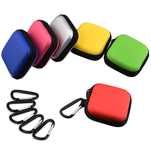 Meuxan 6-Pack 6 Color Earbud Case Earphone Storage Pouch with Carabiner for USB Cable Flash Drive and More