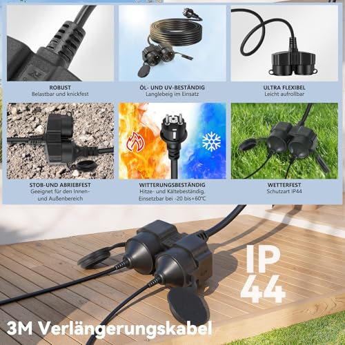 BOSYTRO Power Extension Cord, Waterproof Outdoor Plug with 2 Outlets and Dust Covers, Extension Plug for Indoor and Outdoor Max 3500W 16A 250V IP44 Cable