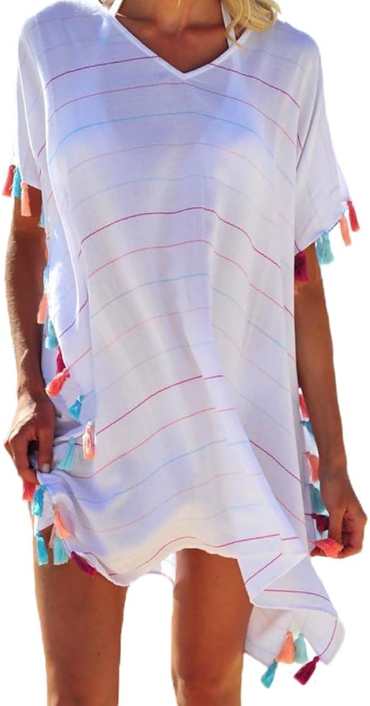 Multitrust Women Perspective Stripe Print Tassel Swimsuit Cover Up Dress Kaftan Bikini Swimwear Cover-Ups