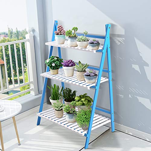 Ejoyous Wood Plant Stand, 3 Layer Foldable Freestanding Flower Plant Rack Stand Display Storage Shelf Rustic Decor for Greenhouse Balcony Room Garden Patio with Plant Tools, Glove, Screwdriver