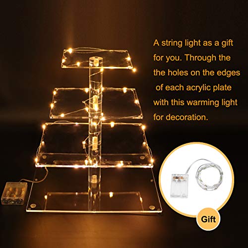 4 Tier Square Acrylic Cupcake Stand, Clear Cake Dessert Display Stand with LED String Lights, Wedding Party Tree Tower Stand