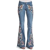 Womens Mid Rise Floral Embroidered Bell Bottom Flare Jeans Vintage Bootcut Jeans Skinny Fit Denim Pants