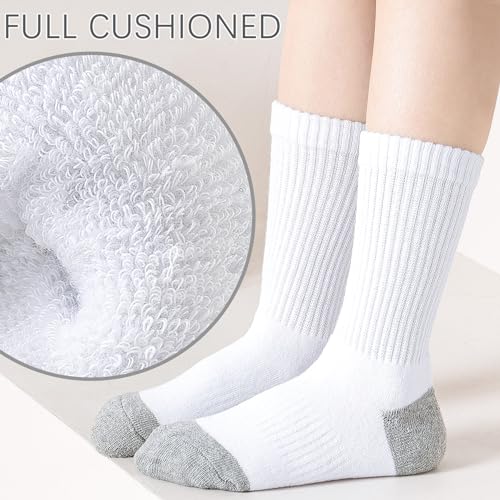 KIDS CREW SOCKS BOYS CUSHIONED ATHLETIC SOCKS GIRLS COTTON DRESS SOCKS THICK SPORTS SCHOOL UNIFORM YOUTH 6 PAIRS (3*BLACK 01+3*WHITE 01, S)