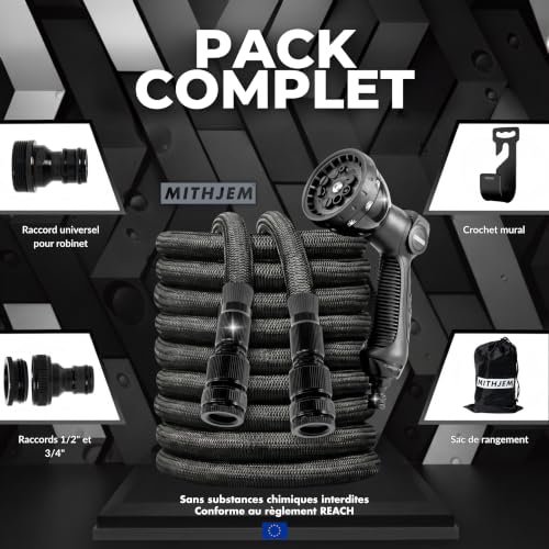 Mithjem 30m Expandable Garden Hose - 3750D Polyester, Adaptable Metal Fittings 1/2" and 3/4", Leak Proof - 10 Modes Gun, Lightweight, Storage Bag - Large Garden, Patio, Car