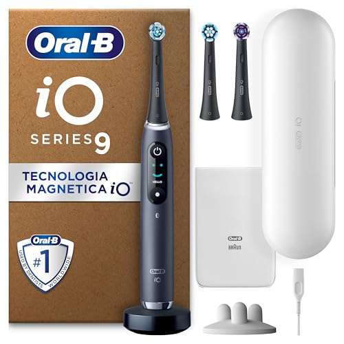 Oral-B iO 9 Spazzolino Elettrico Ricaricabile, 3 Testine di Ricambio, Nero - 3 Testina di Ricambio per Spazzolino Elettrico, Custodia da Viaggio Ricaricabile, Gengive Protette, Pulizia Denti Efficace