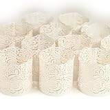 Frux Home and Yard Votive Candle Holders - Flameless Tea Light Votive Wraps- 48 White Colored Laser Cut Decorative Wraps Flickering LED Battery Tealight Candles (not Included)