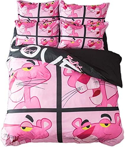 LBHE Duvet Cover Pink Panther Stripes and Puzzle Style Bedding Set,for Teenagers, Kids Cartoon Anime 3 Pcs,B,Full