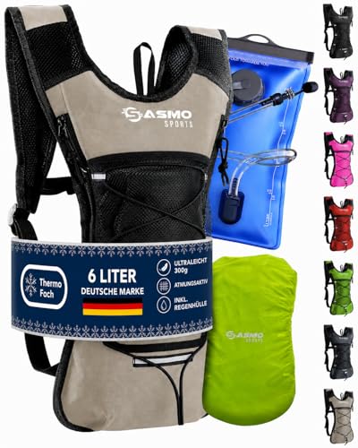 SASMO® Trinkrucksack (Sand) mit Thermofach | Trinkrucksack Laufen - Ultraleicht 300g & 6L | Laufrucksack mit Trinkblase 2l, BPA-Frei | Rucksack mit Tr