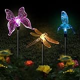 Solar Garden Stake Lights Hummingbird, Butterfly, Dragonfly Garden Lights Color Changing LED Wireless Solar Light 3PC Decor for Fence, Yard, Gardens, Flowerbed