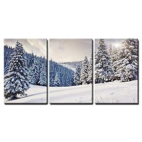 3 Piece Canvas Wall Art - Fantastic Evening Winter Landscape. Dramatic Overcast Sky. Creative Collage - Modern Home Art Stretched and Framed Ready to Hang - 16"x24"x3 Panels