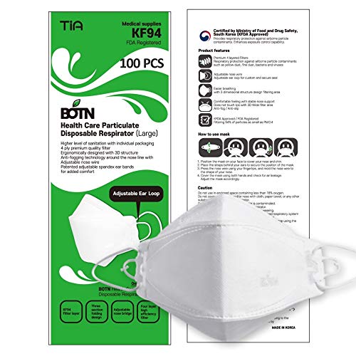 100pcs [BOTN] KF94 Face Mask Made in Korea, White Color, Disposable