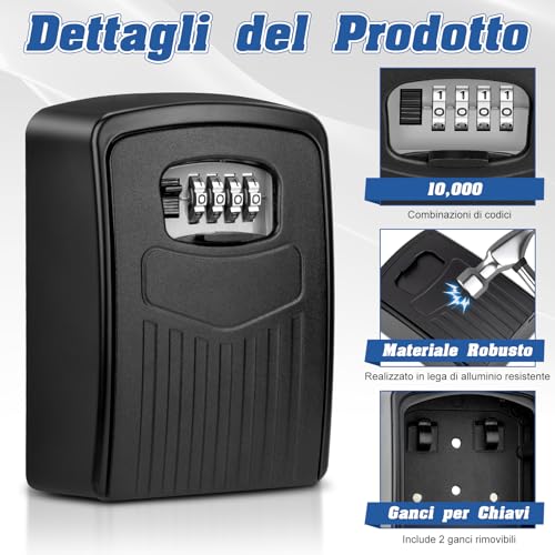 BTNEEU Key Safe Box, Large Key Box, Combination Key Box, Key Lock Box Case 4 Digits and Padlock for Outdoor Home Garage Office Gym (Black)