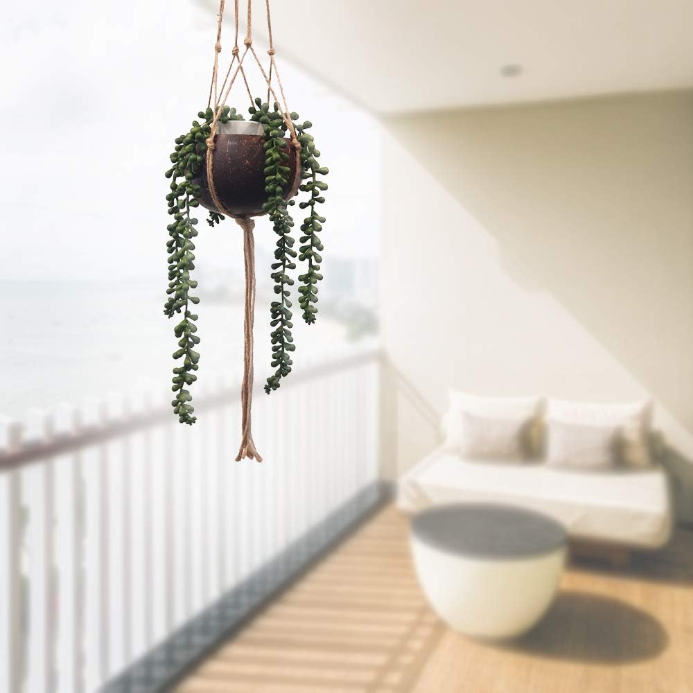VIE Naturals Beautiful Coconut Shell Pot Holder, with a Sturdy Jute Macrame Style Hanging Rope, Brown, One - Image 5