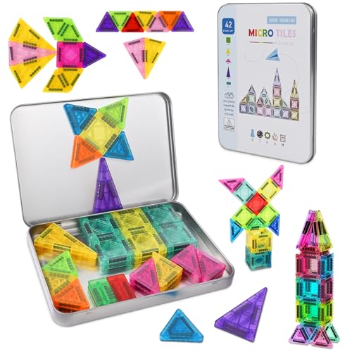 Euakee Magnetic Tiles, Travel Magnetic Building Blocks Set, Mini Magnetic Tiles, Building Toys with Iron Box for Boys and Girls, Montessori Toy (A)