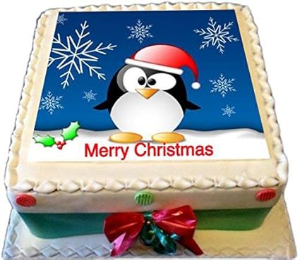 Merry Christmas 19 Cm Square Penguin On Fondant Icing Edible