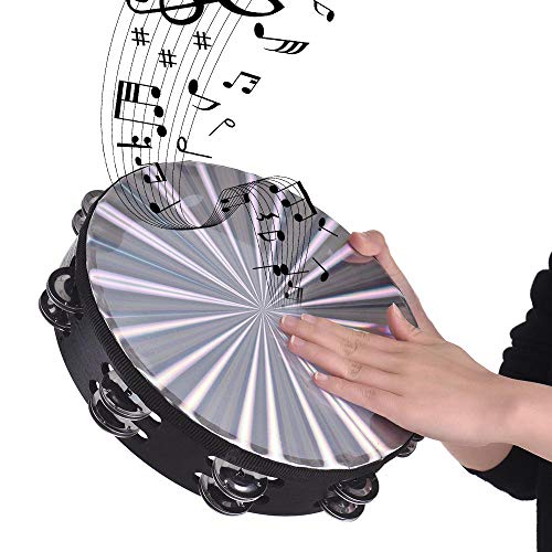 Muslady 8 inch /10 inch Wooden Radiant Tambourine Handbell Hand Drum with Double Row Jingles Reflective Drum Head Percussion Instrument Musical Toy