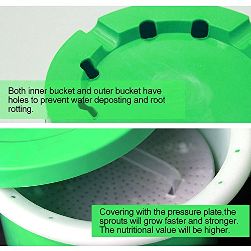 Seed Sprouter Pot,Big Capacity 8.27"x8.27"x8.4"Green Health Bean Sprouting Device 5 in 1:Inner+Outer bucket,Pressure plate,Lid,Tray and Counting Cup