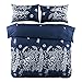 Wake In Cloud - Floral Comforter Set, Botanical Elegant Flower Tree Leaf Modern Pattern Printed for Men Women, Soft Lightweight Bedding, 3 Pieces, Navy Blue Gray, Queen Size