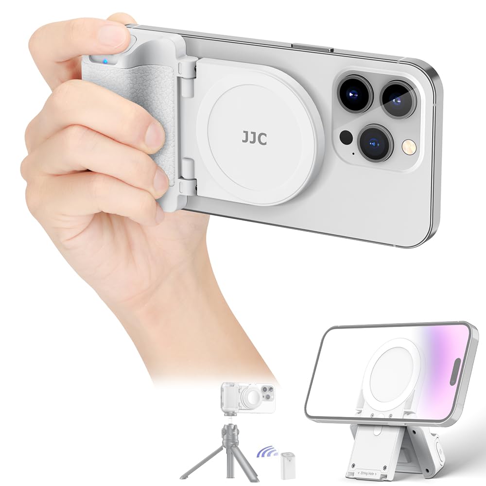 JJC Magnetic Phone Handgirp with Bluetooth Remote Control, Magsafe Camera Photo Grip Handle for iPhone 17 16 15 14 13 & Android Smartphones, Desk Phone Stand & Phone Tripod Mount - White