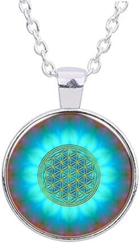 Blue Flower Of Life Logo Pendant Chakra Necklace Sacred Geometry Jewelry Art Glass Cabochon Necklace