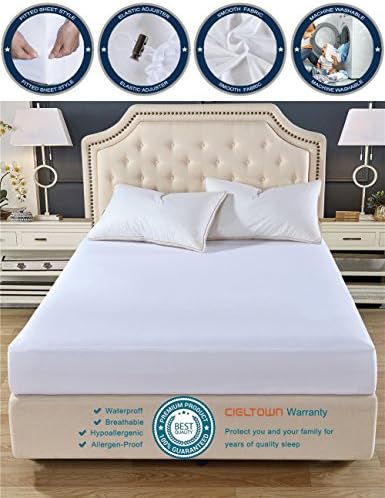 Smooth Fabric Mattress Protector Fitted Sheet 2-in-1 by Cieltown, 100% Waterproof, Premium Hypoallergenic Mattress Cover, Fitted up 14" Deep Pocket(White, Twin)