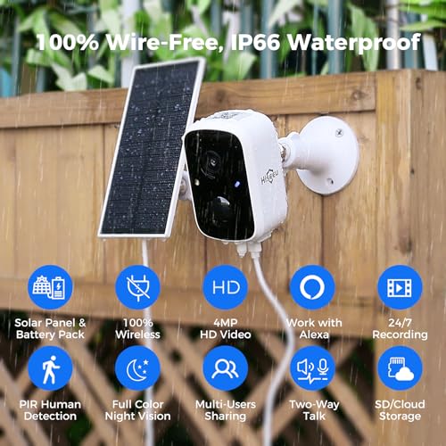 Hiseeu Solar Security Cameras Wireless Outdoor, Battery Powered 3K 4MP Indoor WiFi Smart Cameras for Home Security Outside, Motion Detection, Waterproof, Color Night Vision, 2-Way Audio