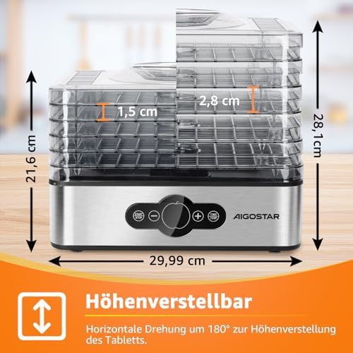 Crispy - Dörrautomat, Dörrgerät mit Temperaturregler, 240W, 35-70°C, 99h-Timer, 5 Einlegefächer, Dörrautomat Edelstahl für Fleisch, Obst, Gemüse, Dehydrator - BPA frei