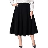 Moon Wood Women's Plus Size Midi Skirt High Elastic Waist A-Line Flared Skater Skirts with Pockets