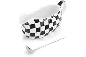 LoeJan Gravy Boat with Spoon, Ceramic Sauce Serving Dish, Easy-Pour Big Dripless Lip Spout Serveware Set For Salad Cream Milk Broth Black Pumpkin Thanksgiving