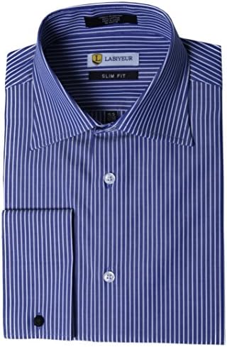 Labiyeur Men's Slim Fit French Cuff Striped Dress Shirt 17.5 | 34-35 Blue/White