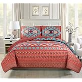 Western Southwestern Native American Tribal Navajo Design Multicolor TurquoiseRed Orange Brown Bedspread Quilt Set (King / Cal-King)
