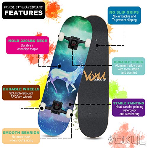 VOKUL Complete Skateboard for Kids Boys Girls Beginners - 31" X 8" inch Standard Skateboard with 7 Layer Maple Double Kick Concave Cruiser Skateboard with Beauty Pattern for Kids Youths Adults