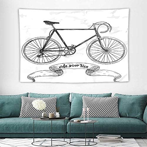 Alisoso BicycleLarge Wall Tapestry Ride Your Bike Lettering with Nostalgic Mountain Bike Hand Drawn Sketchy Living Room Bedroom Dorm Decor W91 x L60 inch